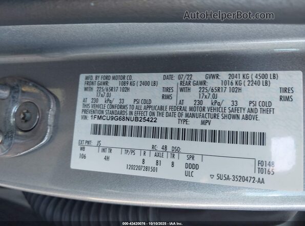 1FMCU9G68NUB25422 2022 FORD ESCAPE Silver Widok komory silnika