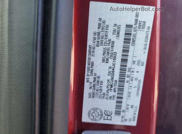 1FMCU9GD6KUC15033 2019 FORD ESCAPE Red Widok naklejki z numerem VIN