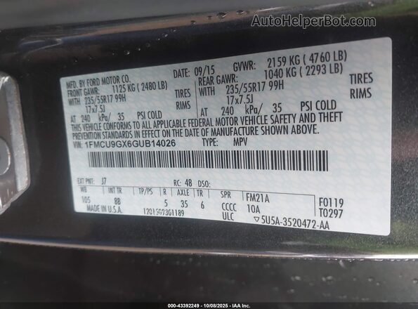 1FMCU9GX6GUB14026 2016 FORD ESCAPE Gray Widok komory silnika