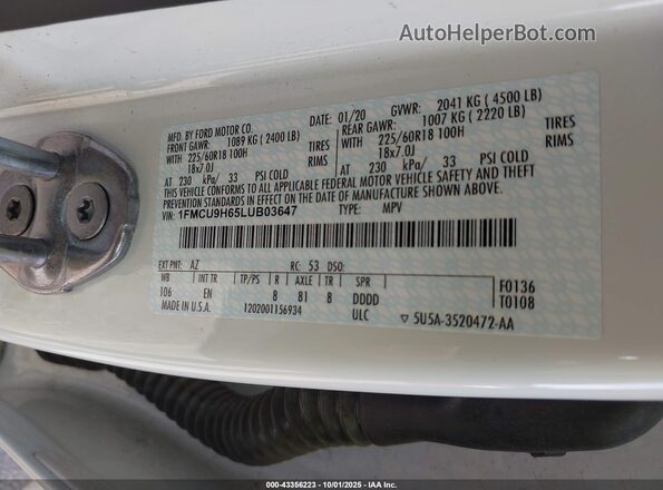 1FMCU9H65LUB03647 2020 FORD ESCAPE White Vista del compartimento del motor