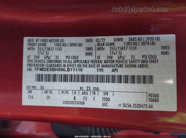 1FMDE5BH6NLB11110 2022 FORD BRONCO Красный Вид подкапотного пространства