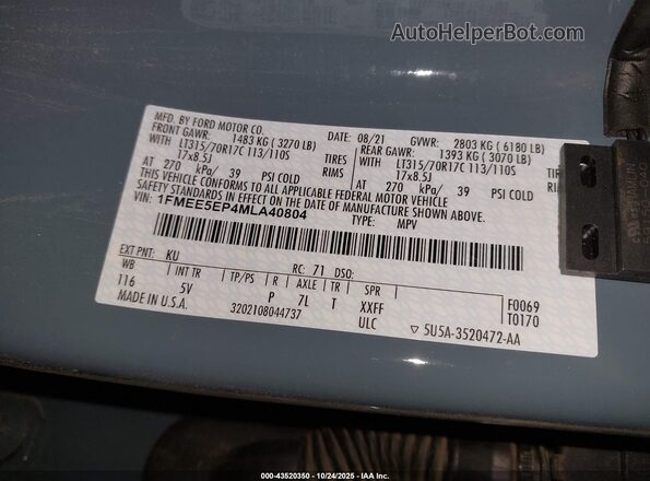 1FMEE5EP4MLA40804 2021 FORD BRONCO Blue Շարժիչի բաժամունքի տեսք