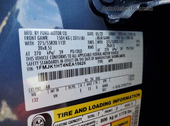 1FMJK1HT4NEA15626 2022 FORD EXPEDITION Blue Vista de la etiqueta del VIN