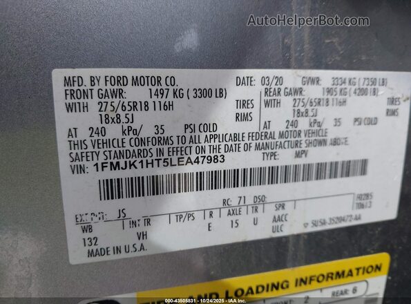 1FMJK1HT5LEA47983 2020 FORD EXPEDITION Silver Vista del compartimento del motor
