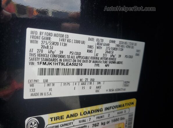 1FMJK1HT9LEA50210 2020 FORD EXPEDITION Black VIN კოდის სტიკერის ხედი