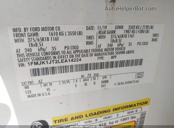 1FMJK1JT2LEA14224 2020 FORD EXPEDITION White ძრავის განყოფილების ხედი