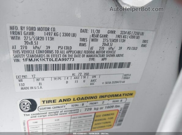 1FMJK1KT0LEA99773 2020 FORD EXPEDITION White ძრავის განყოფილების ხედი