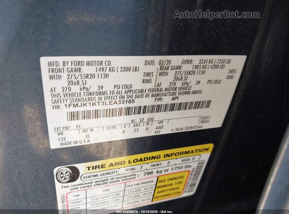 1FMJK1KT3LEA33105 2020 FORD EXPEDITION Blue Вид підкапотного простору