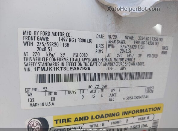 1FMJK1KT3LEA87939 2020 FORD EXPEDITION White Vista del compartimento del motor
