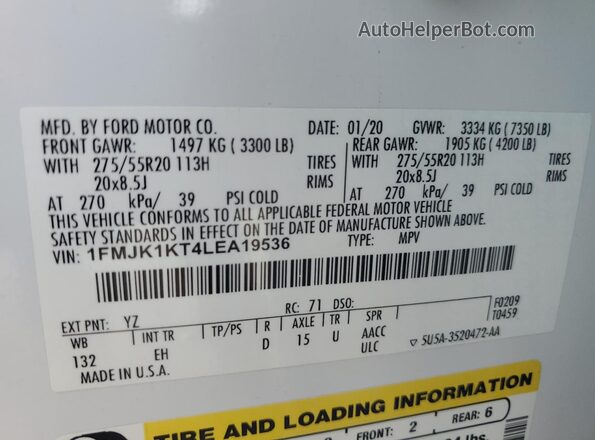 1FMJK1KT4LEA19536 2020 FORD EXPEDITION White Vista de la etiqueta del VIN