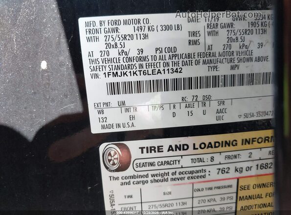 1FMJK1KT6LEA11342 2020 FORD EXPEDITION Black Engine compartment view