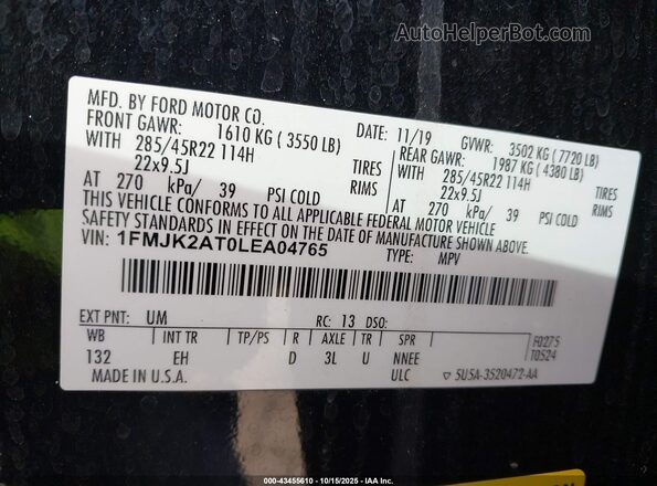 1FMJK2AT0LEA04765 2020 FORD EXPEDITION Black ძრავის განყოფილების ხედი