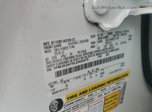 1FMJK2AT0LEA63475 2020 FORD EXPEDITION White VIN sticker view