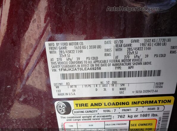 1FMJK2AT0LEA69258 2020 FORD EXPEDITION Maroon Вид підкапотного простору