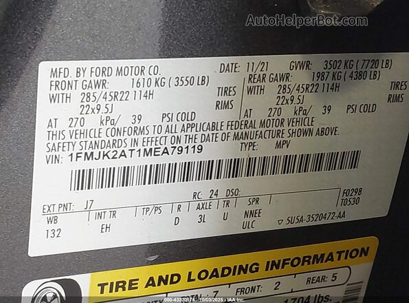 1FMJK2AT1MEA79119 2021 FORD EXPEDITION Gray ძრავის განყოფილების ხედი