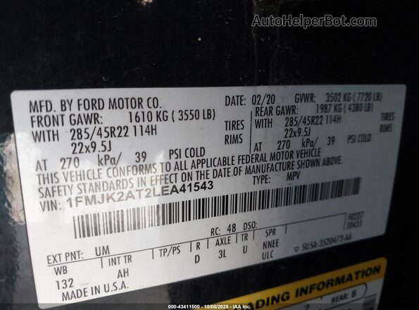 1FMJK2AT2LEA41543 2020 FORD EXPEDITION Black Engine compartment view
