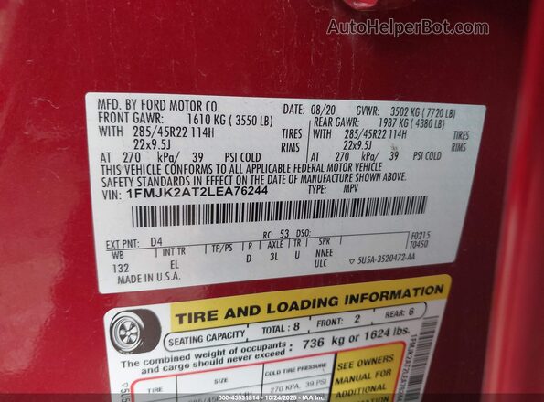 1FMJK2AT2LEA76244 2020 FORD EXPEDITION Red Вид підкапотного простору