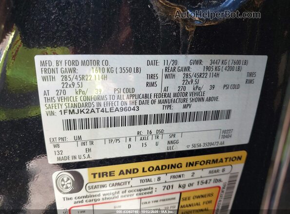 1FMJK2AT4LEA96043 2020 FORD EXPEDITION Black Вид підкапотного простору