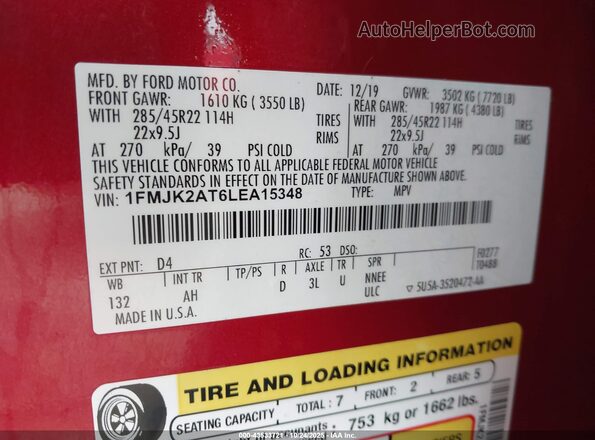 1FMJK2AT6LEA15348 2020 FORD EXPEDITION Red Շարժիչի բաժամունքի տեսք
