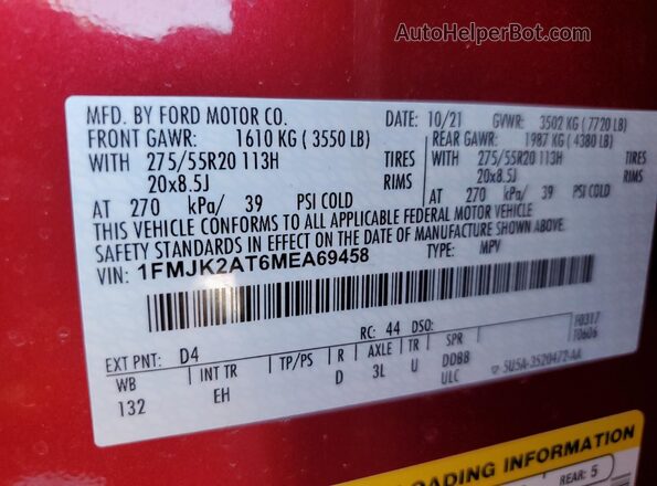 1FMJK2AT6MEA69458 2021 FORD EXPEDITION Red VIN կոդի պիտակի տեսք