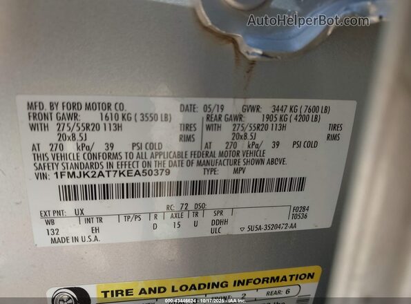 1FMJK2AT7KEA50379 2019 FORD EXPEDITION MAX Silver 
