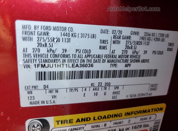 1FMJU1HT1LEA36036 2020 FORD EXPEDITION Red VIN sticker view