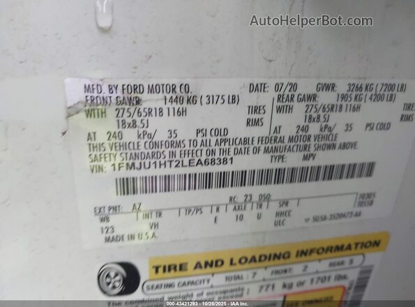 1FMJU1HT2LEA68381 2020 FORD EXPEDITION White ძრავის განყოფილების ხედი