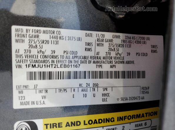 1FMJU1HT2LEB01167 2020 FORD EXPEDITION Gray Widok naklejki z numerem VIN
