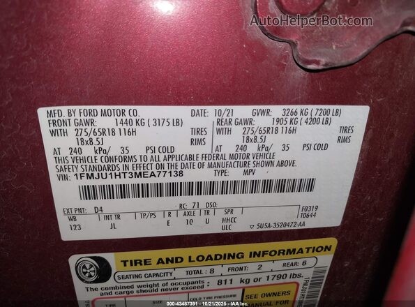 1FMJU1HT3MEA77138 2021 FORD EXPEDITION Red ძრავის განყოფილების ხედი