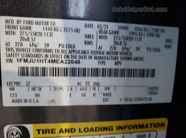 1FMJU1HT4MEA22648 2021 FORD EXPEDITION Gray Вид наклейки з VIN-кодом
