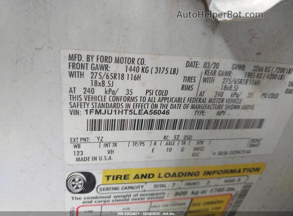 1FMJU1HT5LEA56046 2020 FORD EXPEDITION White Vista del compartimento del motor