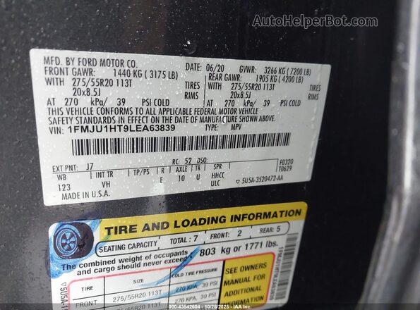1FMJU1HT9LEA63839 2020 FORD EXPEDITION Gray Շարժիչի բաժամունքի տեսք