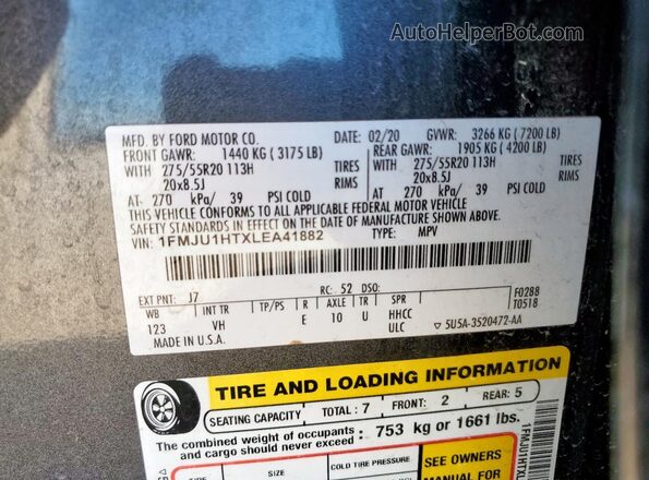 1FMJU1HTXLEA41882 2020 FORD EXPEDITION Charcoal 360 interior view