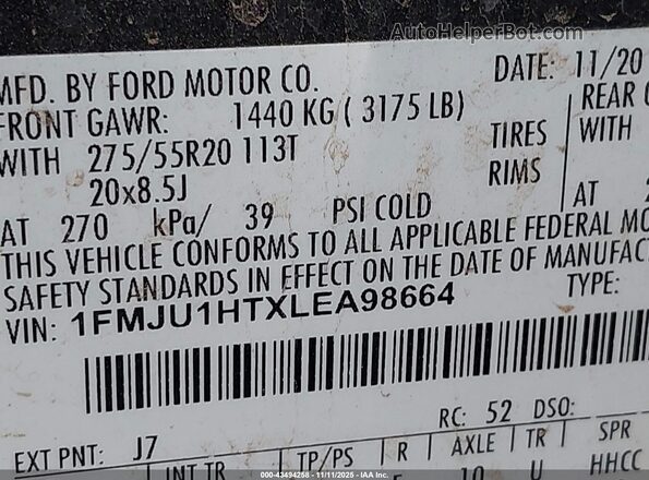 1FMJU1HTXLEA98664 2020 FORD EXPEDITION Gray Շարժիչի բաժամունքի տեսք