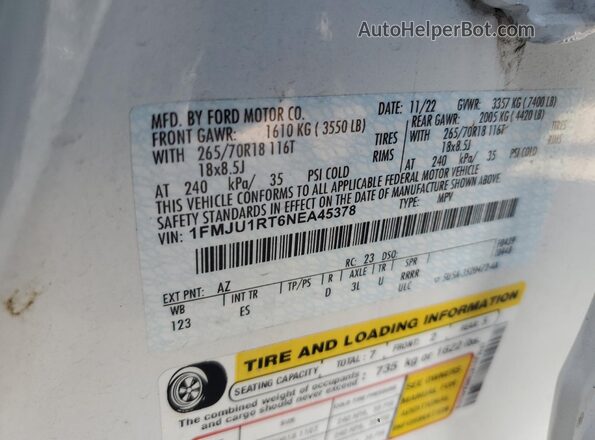 1FMJU1RT6NEA45378 2022 FORD EXPEDITION White 
