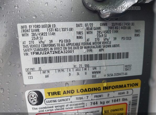 1FMJU2AT2NEA32001 2022 FORD EXPEDITION Серебряный Вид подкапотного пространства