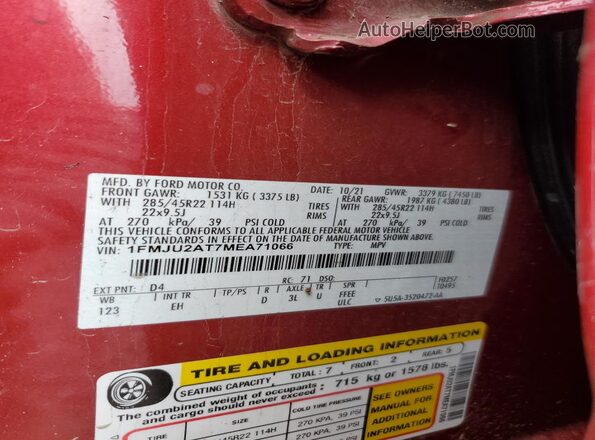 1FMJU2AT7MEA71066 2021 FORD EXPEDITION Red VIN sticker view