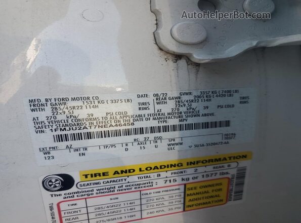 1FMJU2AT7NEA46458 2022 FORD EXPEDITION White 