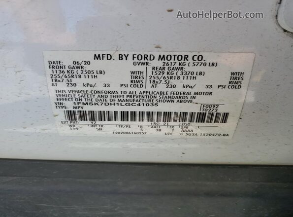 1FMSK7DH1LGC41035 2020 FORD FORD EXPLORER Белый Панорамный вид салона 360°