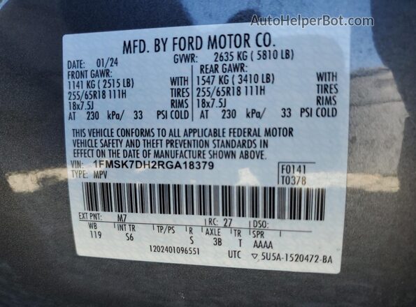 1FMSK7DH2RGA18379 2024 FORD FORD EXPLORER Gray Вид наклейки з VIN-кодом