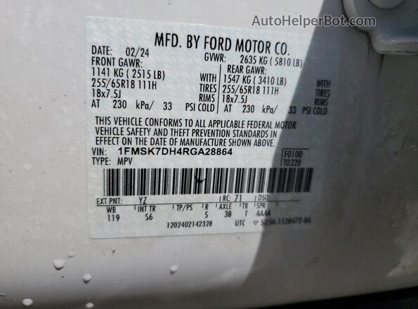 1FMSK7DH4RGA28864 2024 FORD FORD EXPLORER Белый Панорамный вид салона 360°