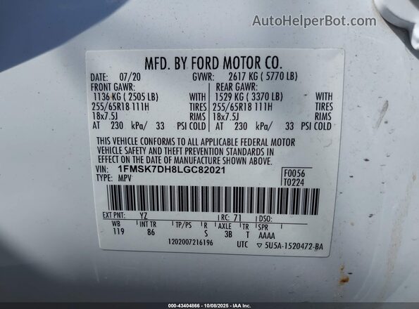1FMSK7DH8LGC82021 2020 FORD FORD EXPLORER White ძრავის განყოფილების ხედი