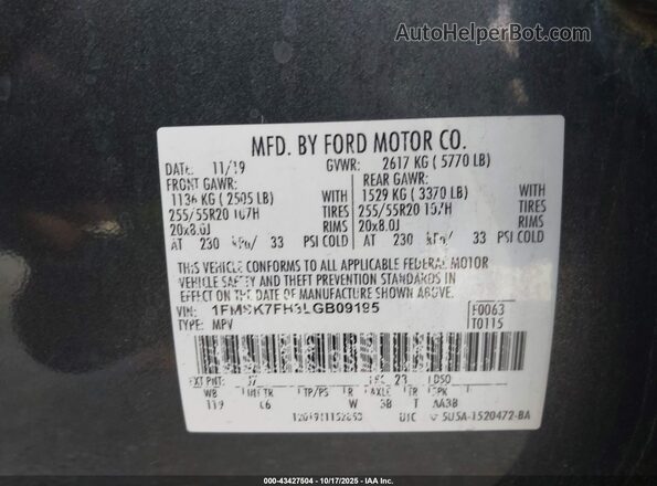 1FMSK7FH3LGB09195 2020 FORD FORD EXPLORER Gray Engine compartment view
