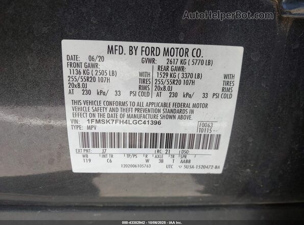 1FMSK7FH4LGC41396 2020 FORD FORD EXPLORER Gray Вид підкапотного простору