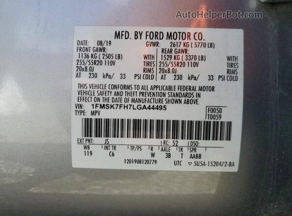 1FMSK7FH7LGA44495 2020 FORD FORD EXPLORER Серебряный Вид наклейки с VIN-кодом