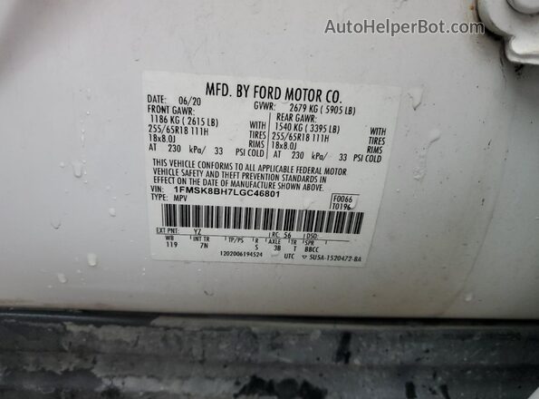 1FMSK8BH7LGC46801 2020 FORD FORD EXPLORER Белый Панорамный вид салона 360°