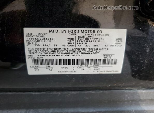 1FMSK8DH2LGC26131 2020 FORD FORD EXPLORER Black VIN კოდის სტიკერის ხედი