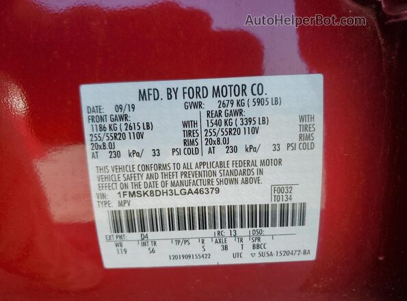 1FMSK8DH3LGA46379 2020 FORD FORD EXPLORER Red 360 interior view