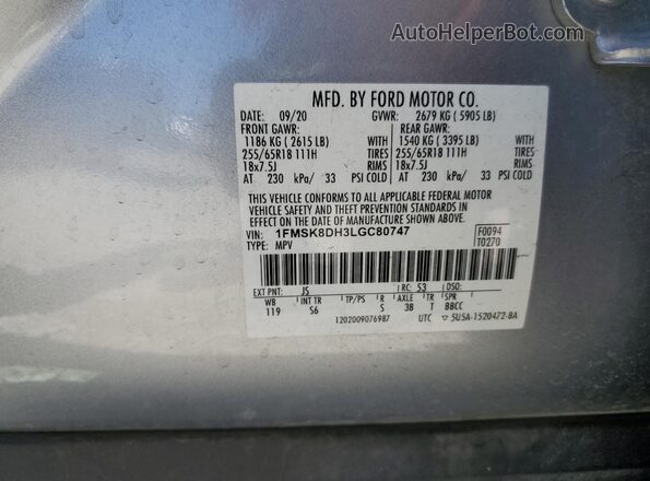 1FMSK8DH3LGC80747 2020 FORD FORD EXPLORER Silver VIN კოდის სტიკერის ხედი