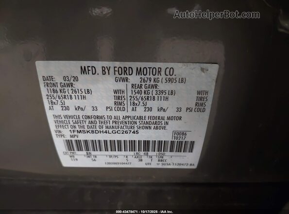 1FMSK8DH4LGC26745 2020 FORD FORD EXPLORER Gray Vista del compartimento del motor